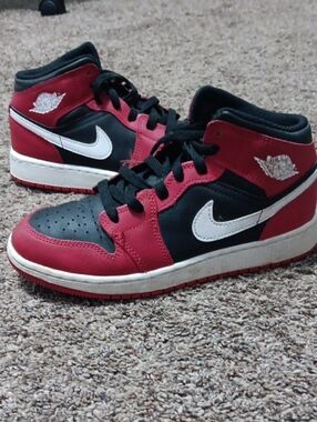 Nike Red & Black Mid-Top Basketball Sneakers with White Swoosh, Kid Size 4.5Y